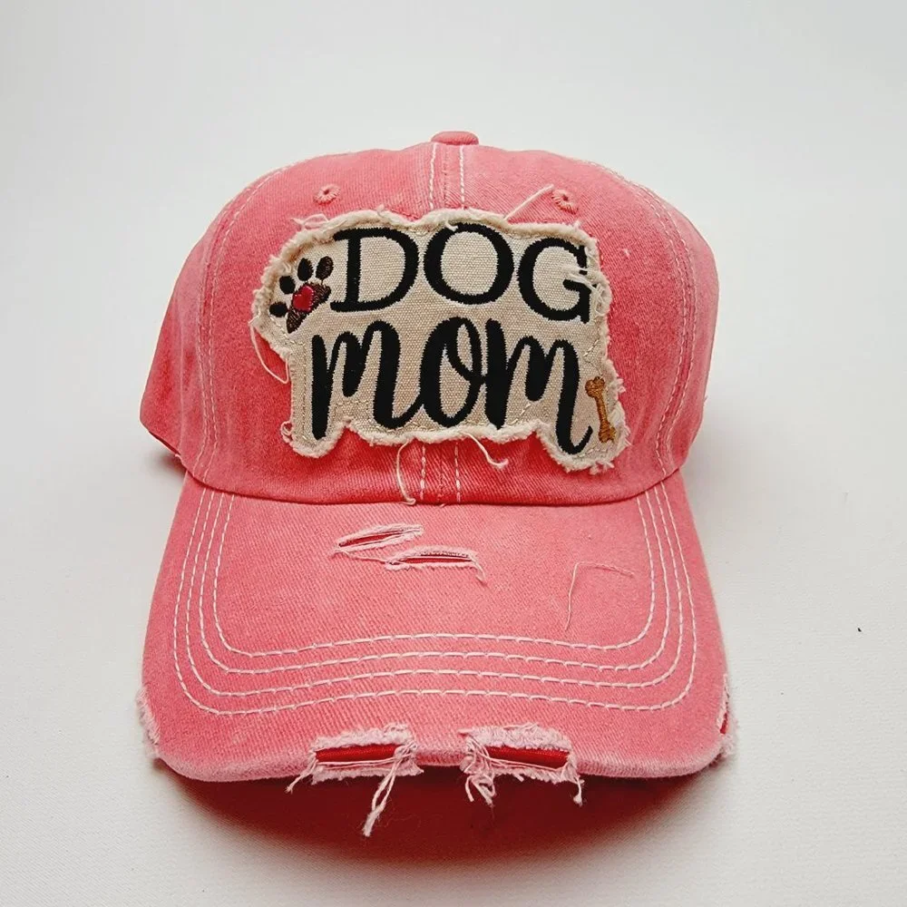 Dog Mom Distressed Relaxed Buckle Strap Full Cover Hat Cap Garment Washed Orange